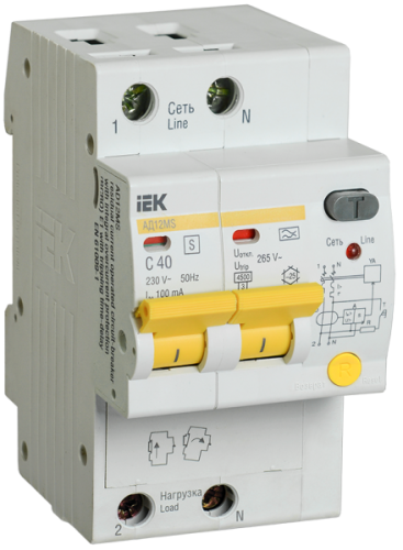 Выключатель автоматический дифференциальный АД12MS 2п 40А C 100мА тип A (3 мод) | код. MAD123-2-040-C-100 | IEK 